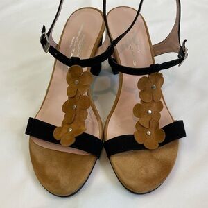 Brenda Zaro Suede Sandals Black Camel 39 7 Flowers Made in Spain Low Heel Straps